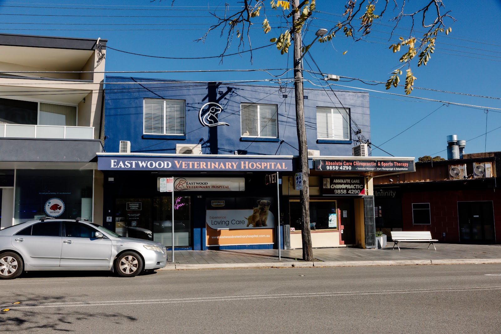 The Eastwood Veterinary Hospital shopfront seen from the street, with the hospital name across the awning