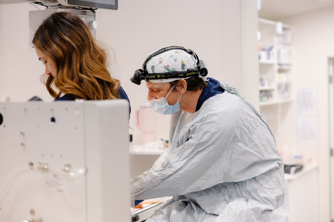 A gowned vet wearing a surgical headlamp working at the theatre table at Eastwood Veterinary Hospital